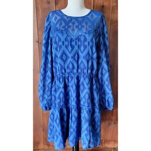 Wrangler Retro Women XL Blue Geometric Textured Sheer Balloon Sleeve Dress NWT